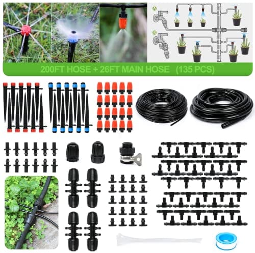 MIXC 226 FT Drip Irrigation System Kit, Automatic Watering System for Garden Greenhouse with 1/4 & 1/2 Tubing - Adjustable Nozzles & Sprinklers for Garden, Greenhouse, Lawn, Potted Plants