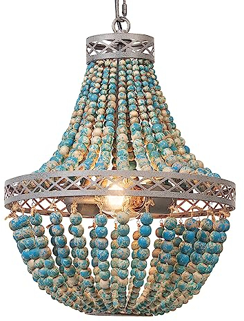 FIRVRE Blau Boho Natürlich HolzPerlen Pendelleuchte Vintage Rustikale Led Hängende Lampe E27 Loft französische Landschaft Kronleuchter Deckenbeleuchtung für Schlafzimmer Küche Insel
