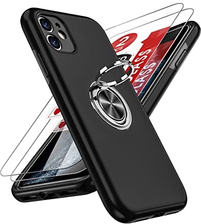 LeYi for iPhone 11 Case : and 2 Tempered Glass Screen Protector, with 360 Ring Holder Stand Magnetic Shockproof Heavy Duty Protective Phone Cover for i Phone 11 Black