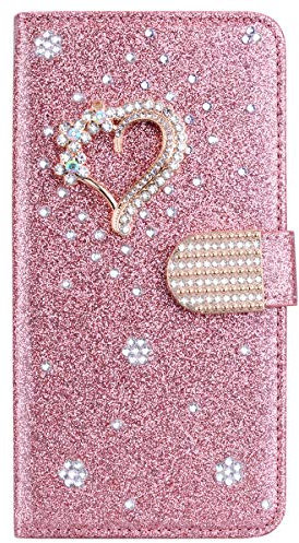 Hülle für Samsung Galaxy J3 2017/J330,Leder Brieftasche Glitzer Schutzhülle Glänzende Bling 3D Schnalle & Liebe Etui Schale Kartenfächer Magnet HandyCase für Samsung Galaxy J3 2017/J330,Rose Gold