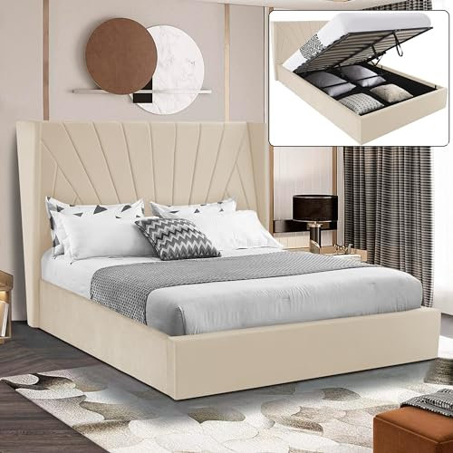 Ottoman Storage Bed, Velvet Double Bed Frame, Upholstered Gas Lift Up Bed Frame with Storage, Ottoman Bed with Wooden Slats, (4ft6 Beige Double 135 x 190, No Mattress)