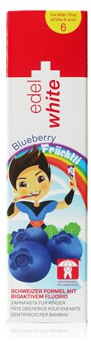 edel+white EW-KH50B Zahnpasta Kinder 50 mm I Blueberry I Kinder Zahnpasta empfohlen bis zu 6 Jahren I Zahnreinigung mit wertvollem Fluorid & Vitamin E