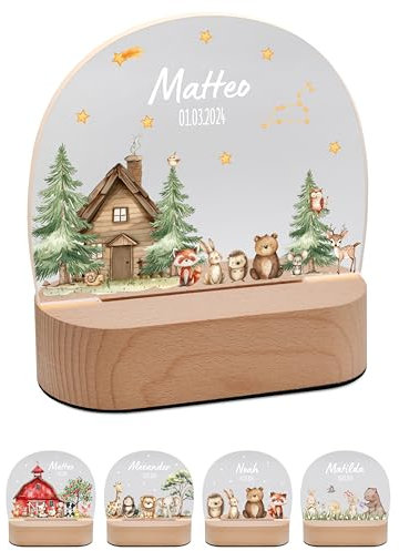 Bärenfreunde® - Personalisiertes Nachtlicht für Babys - Individuelle Nachttischlampe für Kinder - Personalisierte Geschenke Kinder - Babygeschenk - Geschenk zur Geburt (Waldtiere Waldhütte)