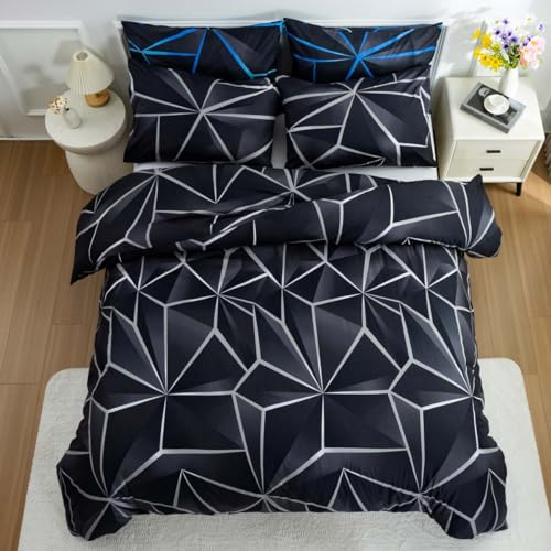 Nyescasa Bettwäsche 135x200 4teilig Schwarz Weiß Geometrisch Marmor Muster Wendebettwäsche Set Modern Gradient Kariert Linien Mikrofaser 2 Bettbezug mit Reißverschluss und 2 Kissenbezug 80x80cm