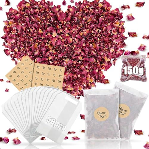 Mbsomnus Blütenkonfetti Hochzeit 150g Natürliches Getrocknete Rosenblätter 50 Pergaminbeutel Konfetti 50 Aufkleber Blumen Konfetti Biologisch Abbaubar für Hochzeit Vorschlag Geburtstag Party Feiern