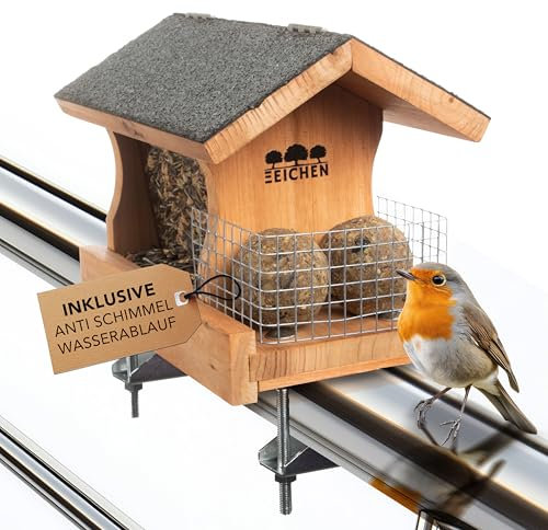 Vogelfutterhaus mit 2 x Balkonhalterung und wetterfestem Holz inkl. Wasserablauf und Meisenknödelhalter | Vogelhaus Balkon | Vogelfutterspender Balkon aufhängen Vogelhaus Balkongeländer | Drei Eichen