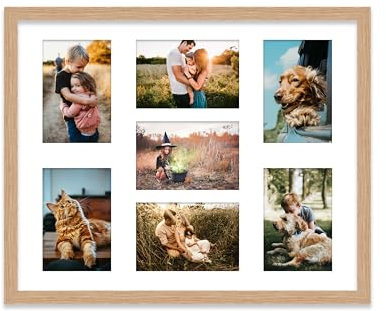 20x16 Inch 7 Opening Photo Collage Frame, Display Seven 6x4 Inch Photos, Multi Aperture Family Picture Frame, Oak