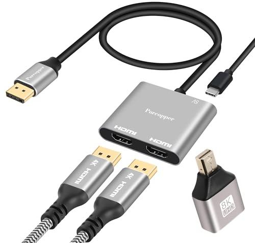 Purcopper DisplayPort to Dual HDMI Adapter (Dual 4K@60Hz),DP Port to HDMI 1 in 2 Out Splitter Extended Display MST 1 DP Male to 2 HD Female for Double Monitors, PC, Graphics Card