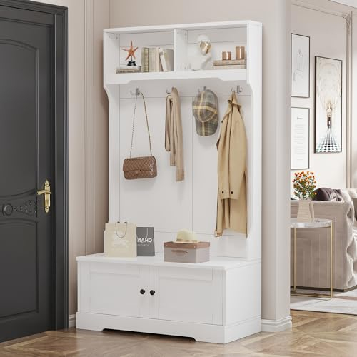Merax Garderoben-Set Flur, Kompaktgarderobe, Modern Flurgarderoben Set mit 4 Kleiderhaken, Schuhschrank, Schuhbank, offenes Fach, Eingangsschrank Garderobenständer für Eingangsbereich, Weiß
