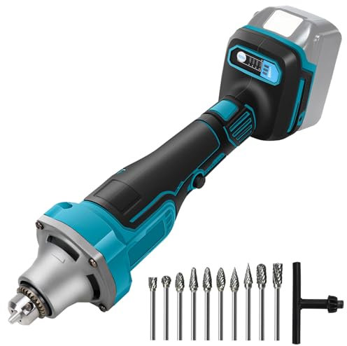 Meuleuse droite sans fil avec 10 fraises en métal dur, ponceuse droite sans fil Brushless, compatible avec batterie Makita 18 V avec mandrin de 0,6 à 6 mm pour gravure, meulage, polissage, perçage