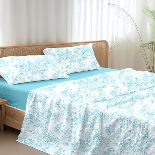 Ruggeri - Completo Letto Matrimoniale - 100% Cotone di Alta Qualità | 2 Federe + 1 Lenzuolo con Angoli + 1 Lenzuolo Sopra - Collezione Everyday (Batik Azzurrro)