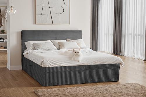 Kaiser Möbel - Bett 200x200 cm, Boxspringbett mit Bettkasten und Topper, Cord Schlafzimmerbett, Doppelbett mit Stauraum und Gepolstertes Kopfteil, Toppermatratze aus Viscoschaum - Trento - Graphit