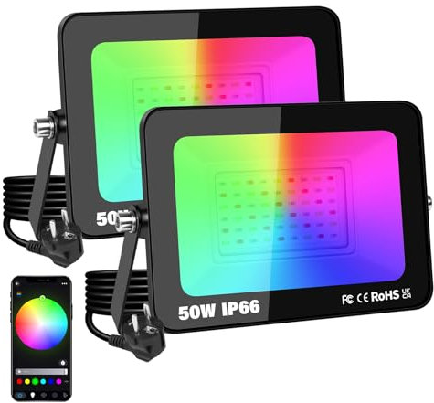 YOJZMA 2er-Pack 50W LED-Flutlicht für den Außenbereich mit Stecker, intelligente RGB-DIY-Szenen, Farbwechsel-Landschaftsbeleuchtung mit APP-Steuerung, IP66 wasserdichte Flutlichter für Gärten