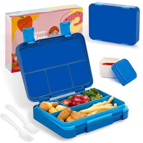QCQHDU Brotdose Kinder mit 5 Fächern - Lunchbox mit Unterteilungen,1300ml Bento Box für Schule,Kindergarten,Outdoor | Leckdicht, Spülmaschinenfest, BPA-Frei,Essensdose mit Essbesteck（Blau.）