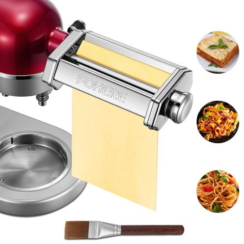 FOHERE Accesorio para Pasta para Batidoras de Pie KitchenAid | Incluye 1 Rodillo de Pasta y 1 Cepillo de Limpieza (7 Grosores Ajustables)