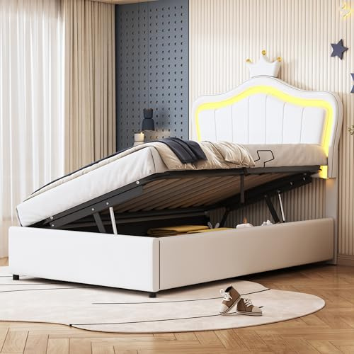 Azkoeesy Bett mit LED-Beleuchtung, 90 x 200 cm, Polsterbett mit Stauraum Bettkasten – Öffnung rechts, mit Krone, Einzelbett, Jugendbett, Stauraumbett, Mädchenbett, Prinzessinnenbett, PU-Bezug, Weiß