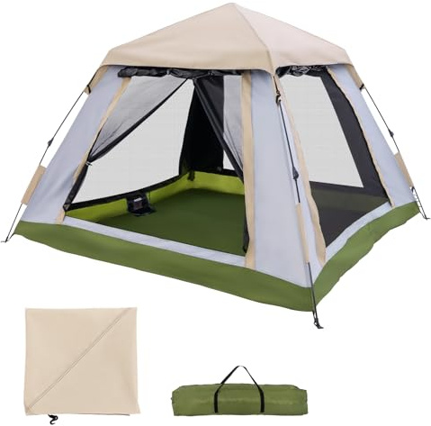 COSTWAY Pop-up Zelt, Campingzelt für 2-4 Personen mit abnehmbarem Regenverdeck, 2 Moskitofenstern & 2 Reißverschlusstüren, wasserfestes Kuppelzelt mit Tragetasche, für Picknick, Wandern, Reisen
