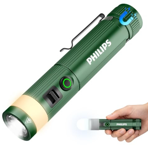 PHILIPS SFL5288 Rechargeable EDC Flat Flashlight with Camping, Warm White LED Combo, 1000 High Lumens Aluminium Portable Pocket Lights with 10 Modes, Two Sources for Outdoors Emergency Working (Green)