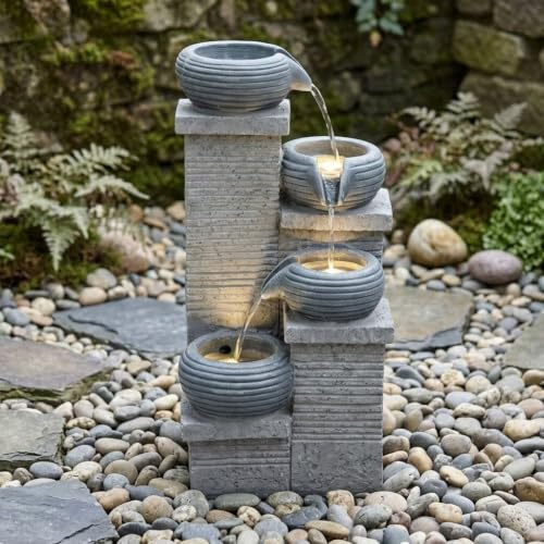 GYMAX Fuente Decorativa para Jardín y Exteriores (4 Niveles, Gris) | Fuente Decorativa con Iluminación LED y 4 Boquillas Intercambiables para Terraza, Balcón y Jardín