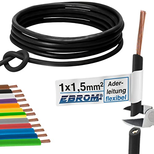 Core Cable Wiring Cable – Single Core Flexible 1.5 mm² – PVC Cable – H07V-K 1.5 mm² – Colour: Black – Many Lengths Available in 5 Metre Increments, Length: 10 m