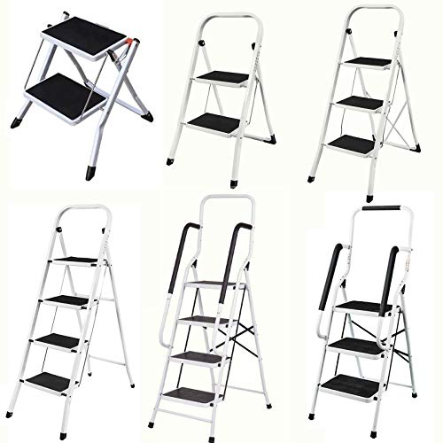 Feidak Escabeau pliable à 3 marches en acier antidérapant, robuste et large, capacité de charge de 150 kg, marchepied portable en acier blanc et noir