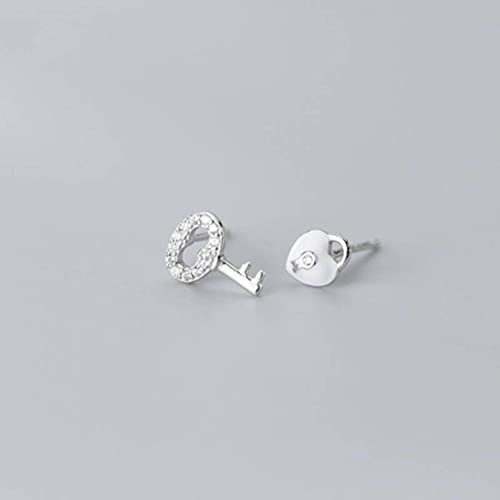 BEWITCHYU Pendientes de Botón de Plata S925, Pendientes Asimétricos de Diamantes con Llave Y Candado Estilo Día de la Mujerplata, Plata 925