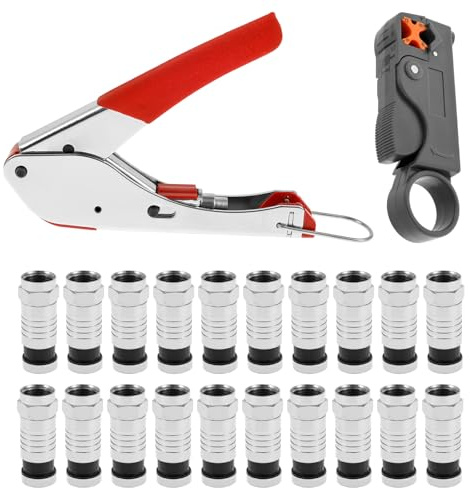 Kompressionszange Set Ultrastark Leitfähigkeit Crimpzange Abisolierwerkzeug RG59/RG6 Griffverriegelung Koaxialkabel Crimpzange Kit mit 20 stück Kompression F-Stecker für SAT-Kabel, Koaxialkabel
