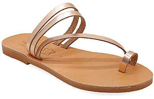 Emmanuela sandali con anello in stile greco, sandali in pelle con cinturino piatto fatti a mano di alta qualità, scarpe estive da donna, sandali con cerniera boho chic, Oro rosa, 38 EU