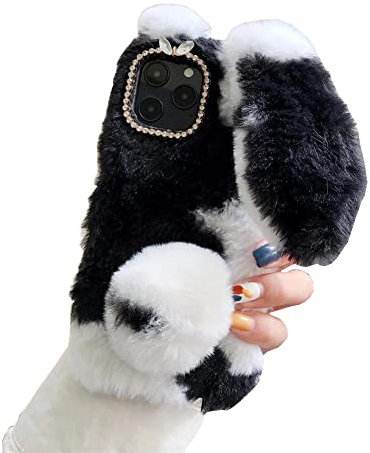SINQERISHT Cute Plush Bunny Case Compatible with Apple iPhone 12, Fluffy 3D Ear, Glitter Camera, Shockproof, Black
