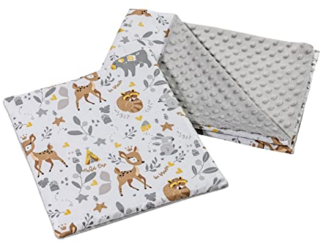 Medi Partners Babydecke Krabbeldecke mit Kissen 100% Baumwolle Minky Kinderdecke 55x75 + 35x30cm multifunktional für Kinderwagen Babyschale Wiege (REH mit grauem Minky)