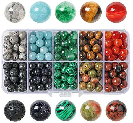 SOSMAR 200 Stück Natürliche Edelsteine ⌀ 8mm rund Perlen für Armbänder Halsketten Schmuck Basteln Auffädeln, 10 Sortierte Steinperlen Edelsteinperlen
