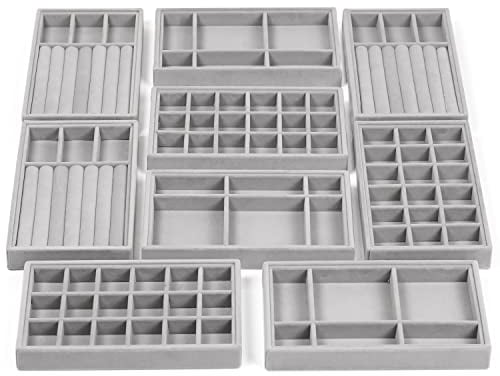 BELLE VOUS Graue Samt Schminktisch Organizer (9 Stk) - 12,3 x 21 cm Große Jewelry Organizer - Schubladen Ordnungssystem für Halsketten, Ringe, Armbänder & Ohrringe