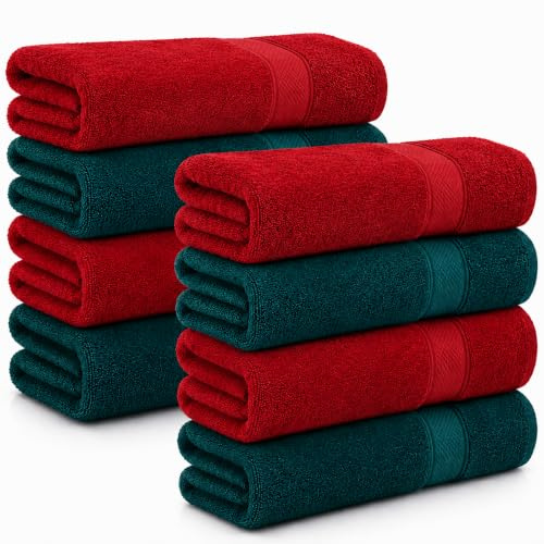 Komfortec 8er Handtücher 50x100 cm Set aus 100% Baumwolle, Frottee, Weich, Petrol/Aurorarot