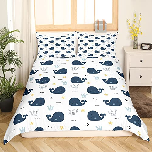 Kawaii Wal Bettwäsche 135 x 200 Ozean Themen Bettwäsche Bettbezug Karikatur Marine Tier Bettbezug Niedliche Großer Fisch Bettwäsche Set Nette Sterne Algen Bettwäsche Set für Kinder Jungen Mädchen