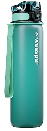 Wessper Gourde d'eau en Tritan 1l, Bouteille Motivante avec Temps Horaire, sans BPA, pour le vélo, l'école pour les Enfants, les Voyages Sportifs, Menthe