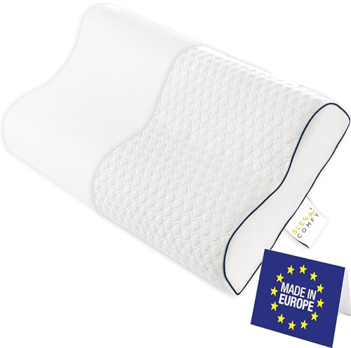 SLEEP COMFY - Premium Visco HWS Nackenkissen, 60x40x14/12cm, Kopfkissen mit Bezug, Nackenstützkissen Memory Foam Ergonomisches, Orthopädisches Kissen Seitenschläfer und Rückenschläfer, Antischnarchen