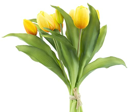 mucplants künstliche Tulpen Tulpenbündel mit 4 Tulpen und 3 Tulpenknospen real Touch (Gelb)