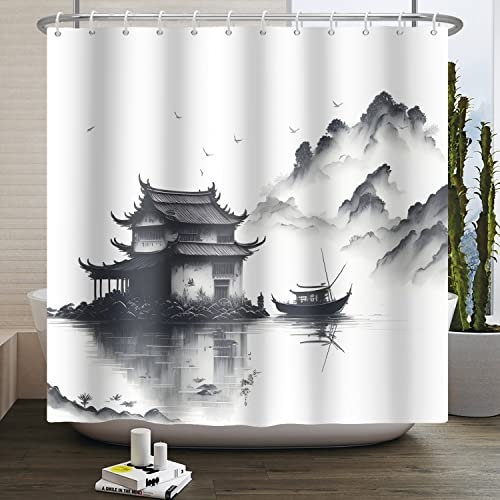 SDOTPMT 165x180cm Lake Mountain Rideau Douche Smokey Mountain Boat Wild Nature Parc National Baignoire Paysage Rural Photo Salle de Bain Art Déco Rideau de Douche avec Crochet