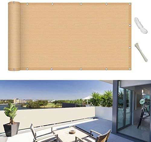 GUOJUN Balkon sichtschutz 85 x 550 cm Reißfest UV-Schutz atmungsaktiv Balkonumrandung balkonverkleidung mit Ösen und Kordel für Garten Balkon Terrasse Outdoor, Sandgelb