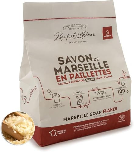 Rampal Latour - Paillettes de Savon de Marseille blanc pur aux huiles végétales pour linge - Copeaux Extra fins - Hypoallergénique - Machine ou Main- Toutes températures et tissus - 100 lavages -1.5Kg