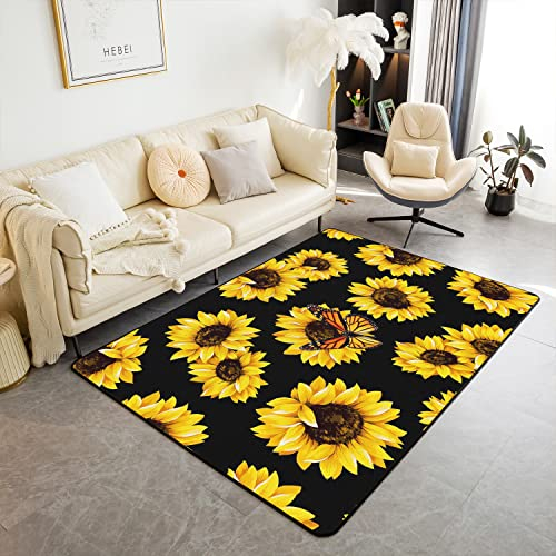 Sonnenblume Teppich 100x150cm Wetterfest Teppich Non-Slip WohnzimmerTeppich Flauschig Weich Plush Floral Schmetterling WohnzimmerTeppich für Küche und Balkon Teppich Garten Sonnenblumes Teppich