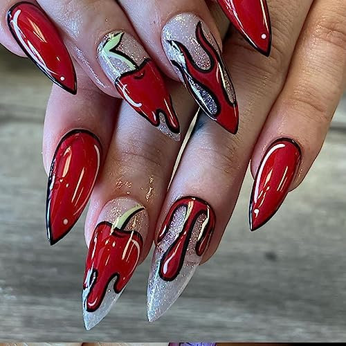 Ceboic Halloween Faux Ongles Amande Français Press on Nails Moyen Capsules Ongles avec Autocollant à Ongles 24Pcs Acrylique Couverture Complète Faux Ongle pour Femmes Filles (Bougie Flamme)