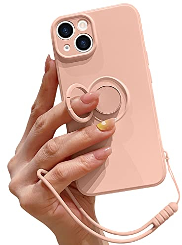 Pepmune Compatible with iPhone 15 Case Liquid Silicone with Ring Holder,Detachable Wrist Strap,Magnetic Car Mount Kickstand,Shockproof Cover Protective Phone Case-Pink