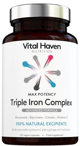[Vital Haven] Complex Triple Iron Formula - Ferrous Glycinate + Citrate + Gluconate and Non-Acid Vitamin C with Ginger for Maximum Absorption - Max Potency - Premium Ingredients - Made in The UK