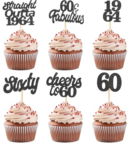 ALEGRE Tortendeko 60 Geburtstag Mann Frau,24 Stück Glitzer Cake Topper 60 Geburtstag,Straight Outta 1964 Cupcake Topper 60 Geburtstag Deko,Schwarz Kuchendeko 60 Jahre Tischdeko