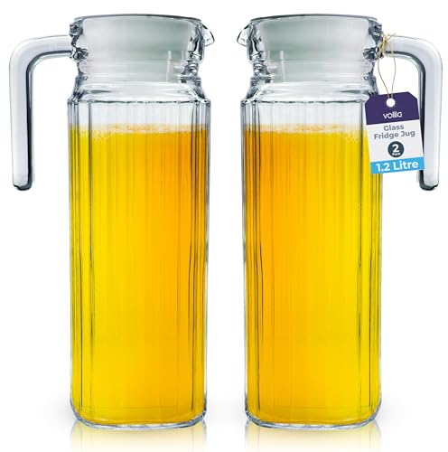 Fridge Jug 1L Glass Water Jug with Lid (2 Pack) - Clear Water Pitcher with Ribbed Glass Jug Design & Handle for Fridge Shelf & Everyday Use with Vented Spout - Juices, Pimms & Picnics