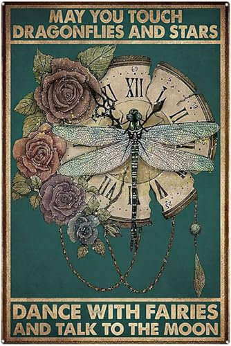 kisoyo Metallschilder, lustiges Vintage-Libellenschild – May You Touch Libellen und Sterne tanzen mit Feen und sprechen Sie mit dem Mond, Libellen-Kunstdruck, Wandkunst, Metallschilder, 20,3 x 30,5 cm