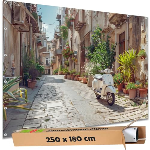 TRIOSK Sichtschutz Garten Deko Zaun Plane Blickdicht groß mit Zaunblende Motiv Gasse Mediterran Italien Roller für Zaunelement Doppelstabmatten Stabmattenzaun Gartenzaun PVC 250x180 cm