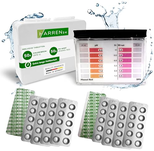 harren24 Pool Tester pH und Chlor inkl. 100 Pool Testtabletten Chlor und pH-Wert (50 Phenol Red Tabletten + 50 DPD1 Tabletten), Pool Wassertester, Pooltester, PH Tester, Pool Zubehör (100)