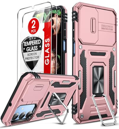 LeYi Coque pour Samsung Galaxy A16/A 16 4G/5G Antichoc avec Protection Caméra Coulissante,2*Verre Trempé,Étui de PC Dur et TPU Silicone Militaire Anti-Rayures Coque Anneau,Or Rose
